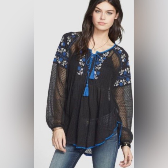 Free People Tops - Free People Sheer Mesh Black Floral Embroidered Peasant blouse top L black